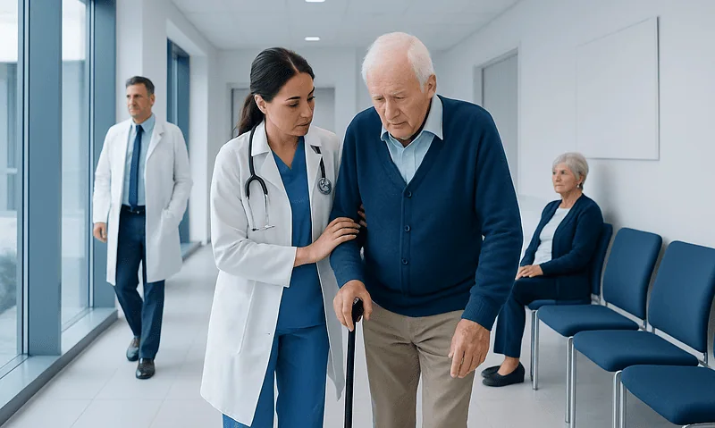 Elderly man receiving assistance from a healthcare professional in a hospital corridor.