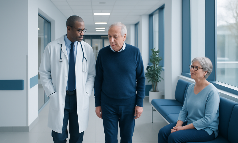 Doctor consulting with elderly patient in hospital corridor.