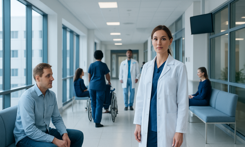 Medical professionals and patients in a hospital corridor.