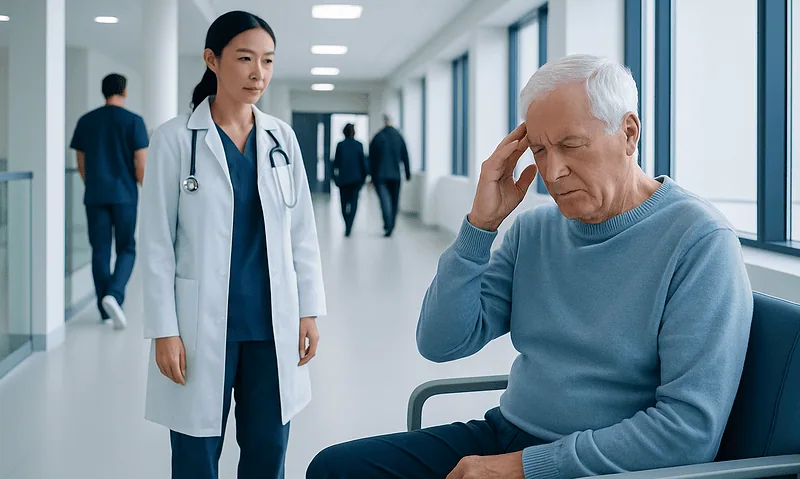 Older man experiencing headache in a hospital corridor with a healthcare professional nearby.