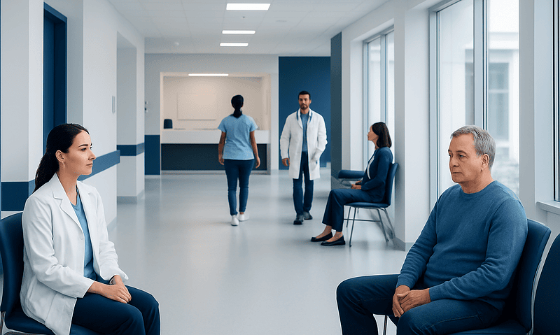 Patients waiting in a hospital corridor with medical staff nearby.