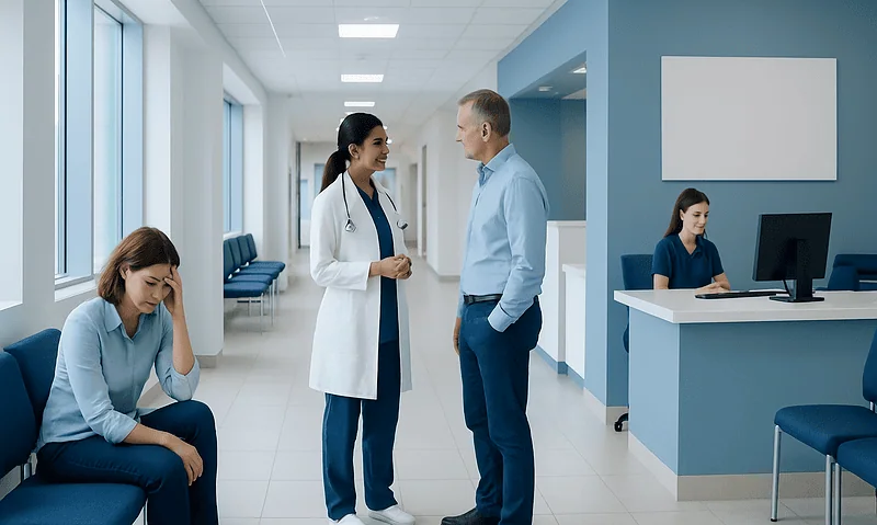 Medical staff consulting with a patient in a hospital corridor.