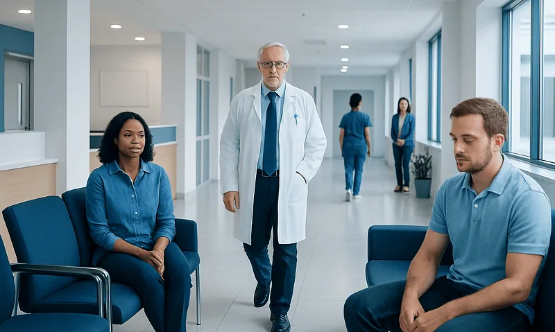 Doctor consulting with patients in a modern hospital corridor.
