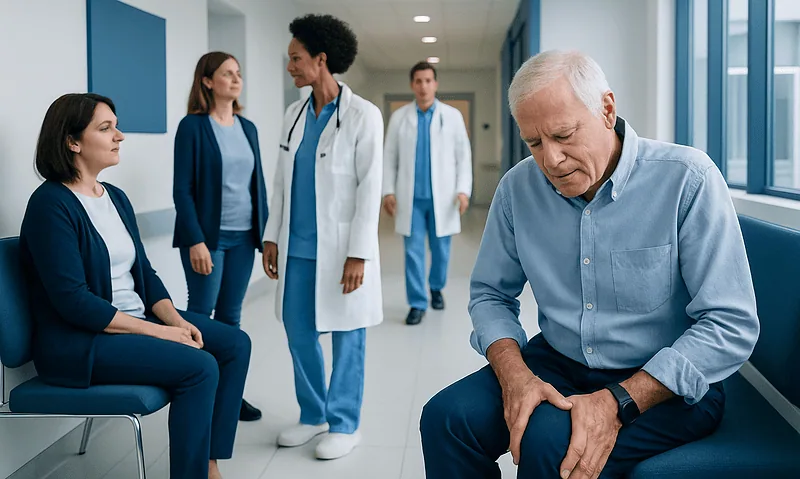 Elderly man experiencing knee pain in a hospital corridor with medical staff nearby.