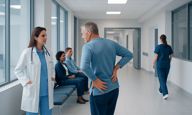 Patient with back pain consulting with doctor in hospital corridor.