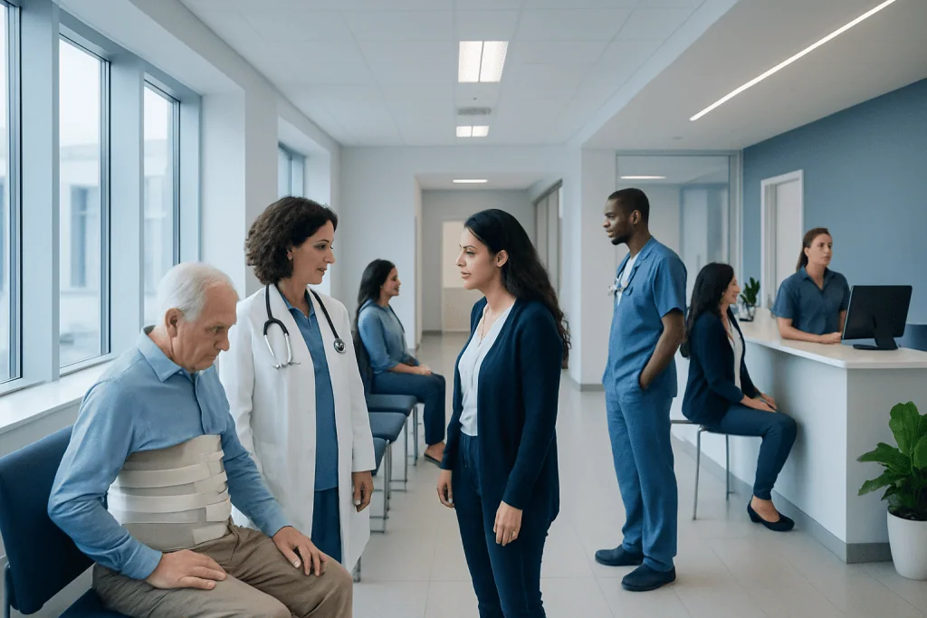 Compression Fracture of the Spine: Symptoms, Diagnosis, and Treatment Options 1 Medical staff consulting with a patient in a hospital corridor.