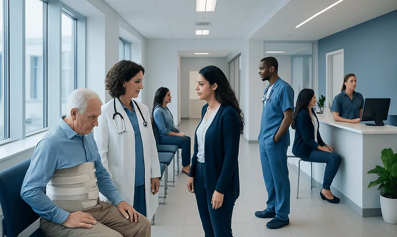Medical staff consulting with a patient in a hospital corridor.