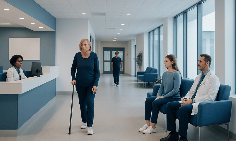 Elderly woman walking with cane in hospital corridor with patients waiting.