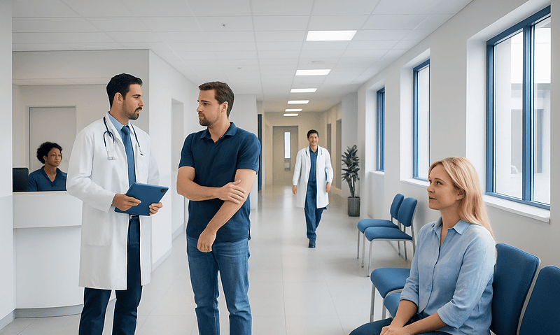 Medical consultation in hospital corridor with doctor and patient.