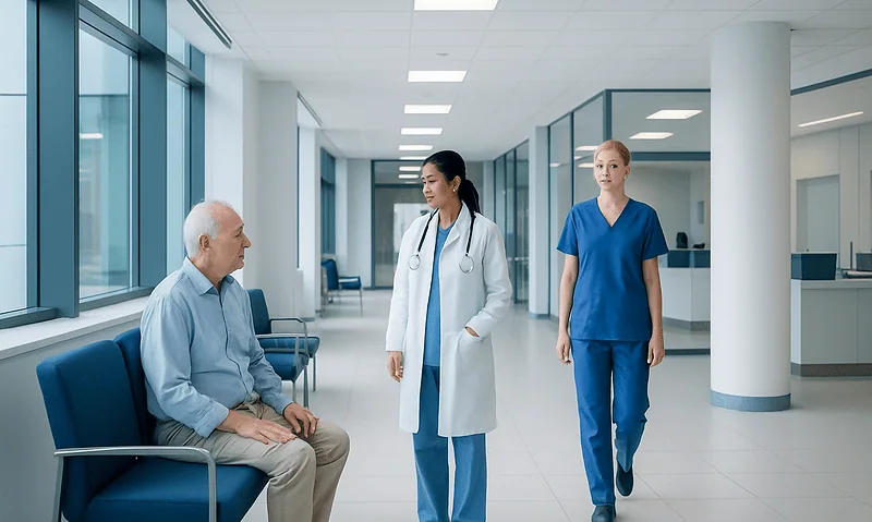Medical consultation in a modern hospital corridor with doctors and patient.