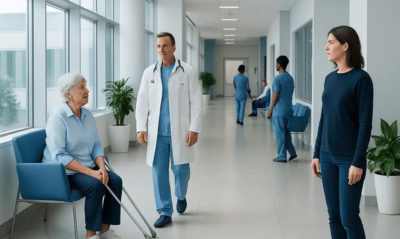 Doctor consulting with elderly patient in hospital corridor.