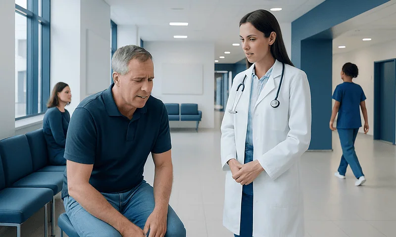 Doctor consulting with a patient in a hospital corridor.