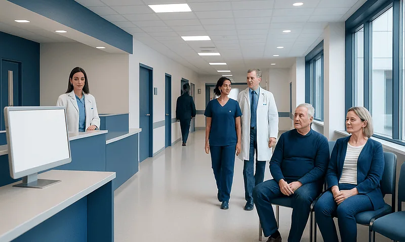 Medical staff and patients in a hospital corridor with large windows.