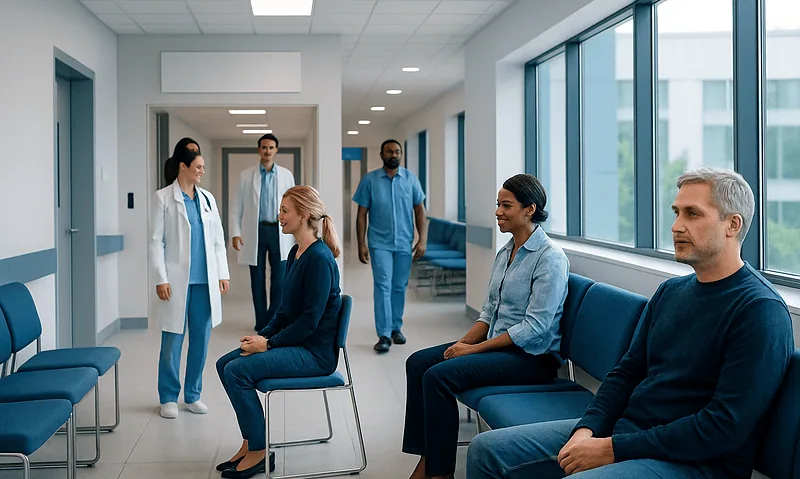 Patients waiting in a hospital corridor with medical staff nearby.