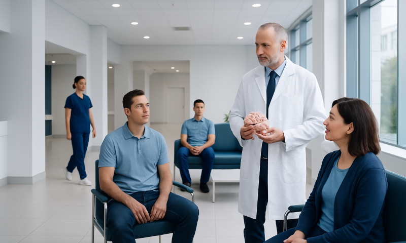 Doctor discussing brain health with patients in a hospital waiting area.