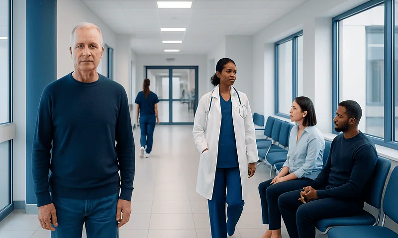 Cancer Warning Signs by Body Area: Head, Chest, Abdomen, and Skin 18 Medical consultation in hospital corridor with doctor and patients.