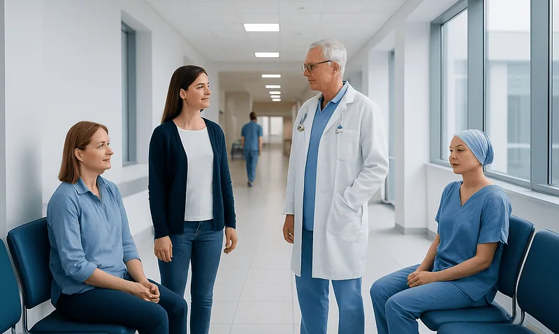 Cancer Prevention: What You Can Change and What You Cannot 12 Doctor talking to female patient and nurse in hospital corridor.