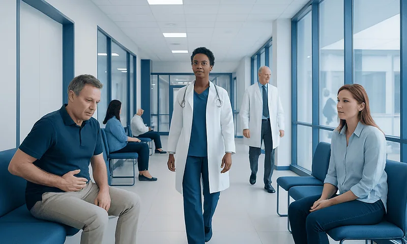 Patients waiting in a hospital corridor with medical staff present.