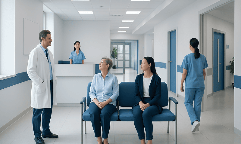 Doctors and nurses in a hospital corridor with patients waiting.