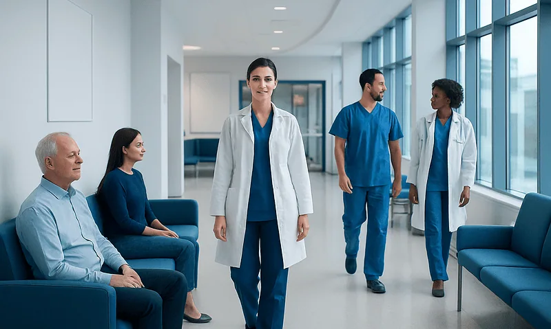 Medical team in hospital corridor with patients and staff.