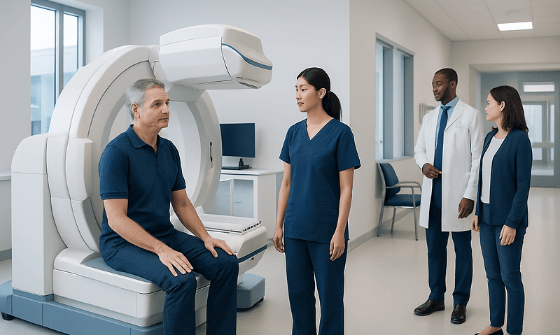 Patient undergoing a nuclear cardiology scan in a modern hospital setting.