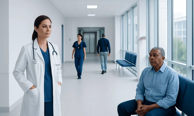 Healthcare professionals and patient in hospital corridor.