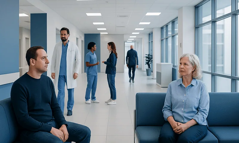 Patients and medical staff in a modern hospital corridor.