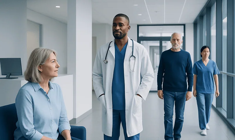 Medical team consulting with a patient in a hospital corridor.