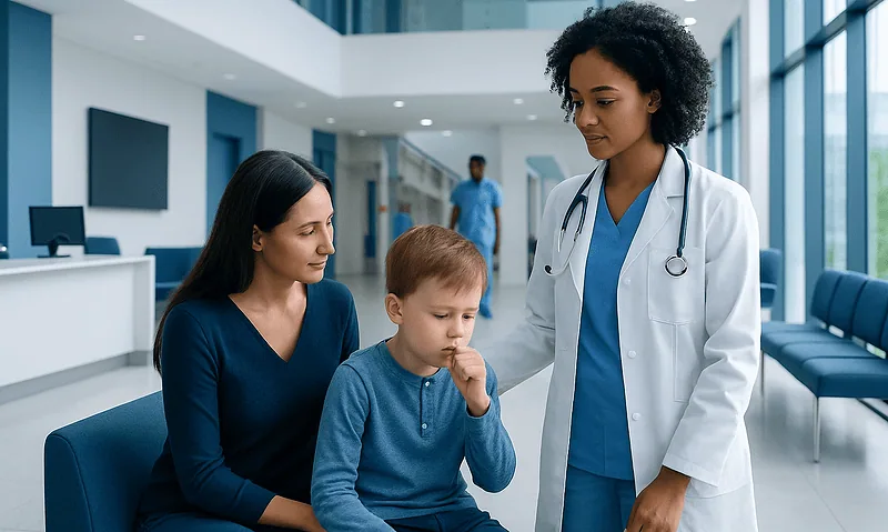Pediatric consultation at Acibadem Hospital with doctor and mother.