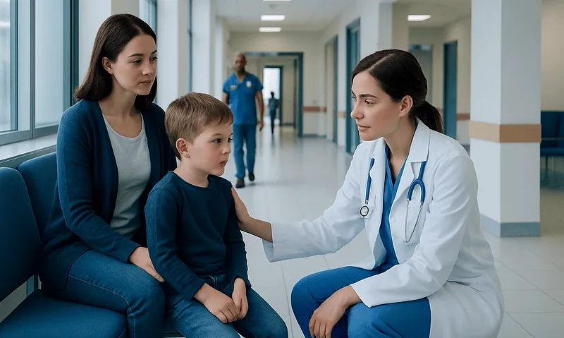 Pediatric consultation at Acibadem Hospital with doctor and mother.
