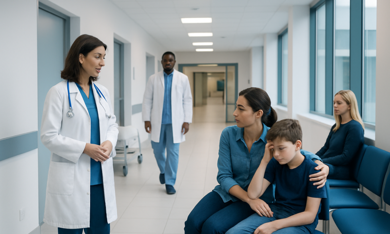 Doctor speaking with children and parent in hospital corridor.