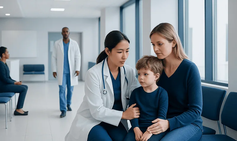 Pediatric emergency consultation with doctor and mother in hospital corridor.