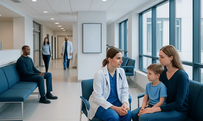 Pediatric consultation in a modern hospital waiting area with medical staff and a young patient.