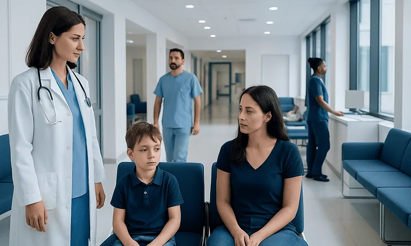 Doctor consulting young boy and mother in hospital corridor.