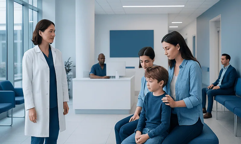 Doctor consulting with a young boy and his mother in a hospital waiting area.