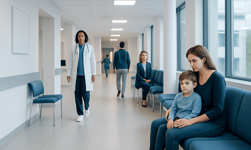Child and mother waiting in hospital corridor with medical staff nearby.