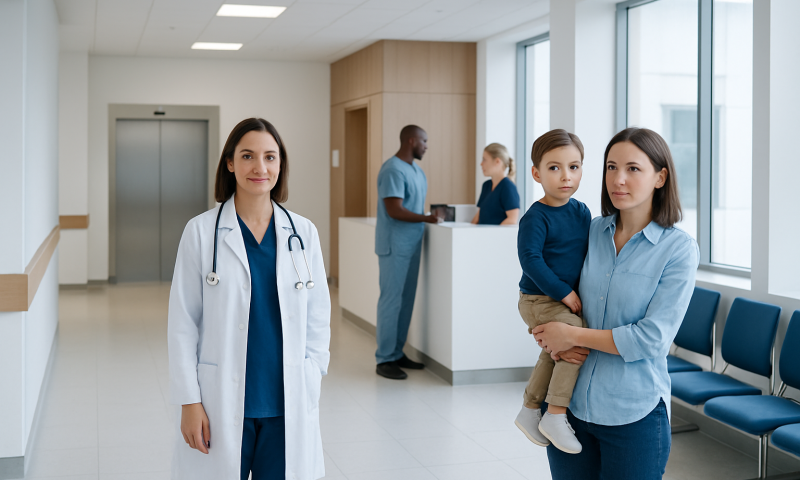 Pediatrician with mother and child in hospital corridor.