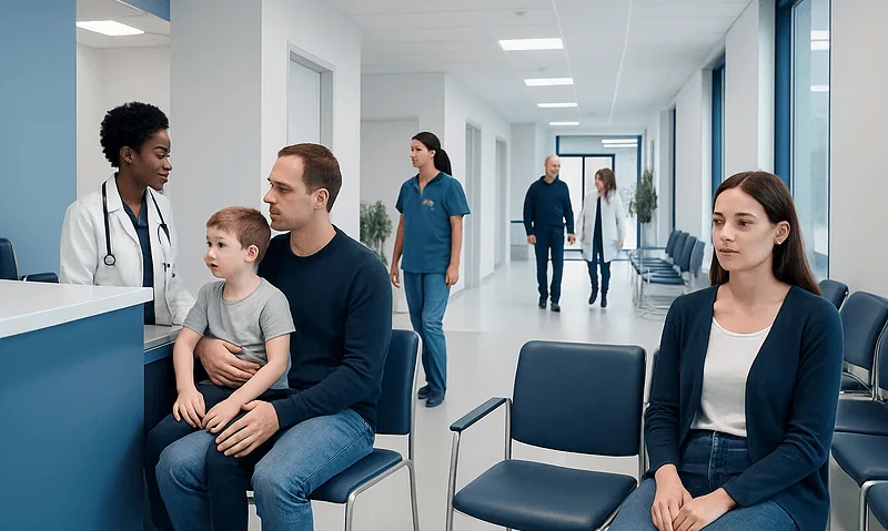 Pediatric consultation at Acibadem Hospital with doctor and family.