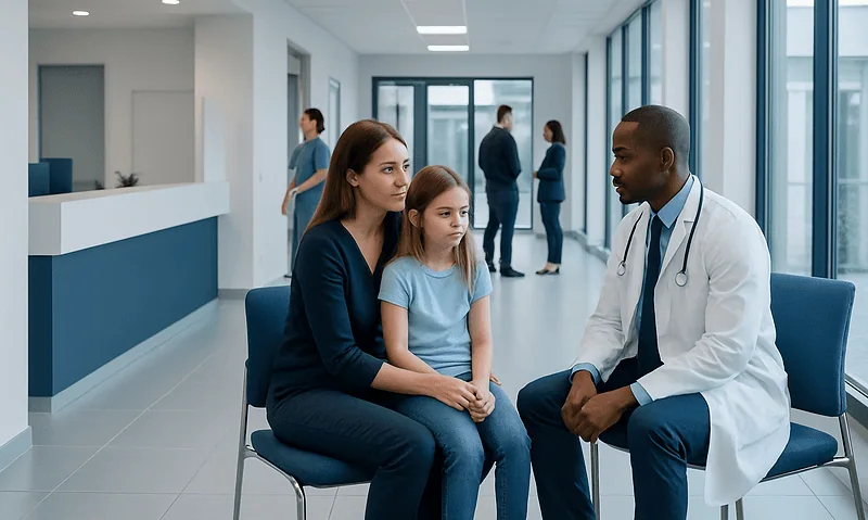 Child and mother talking to a doctor in a hospital waiting area.