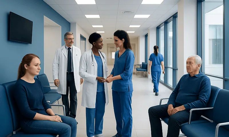 Medical team consulting with patients in a hospital corridor.