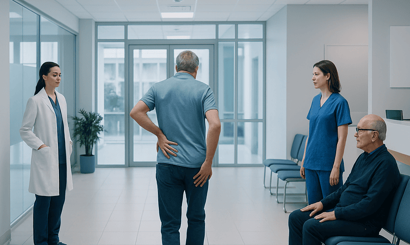 Doctor and nurses consulting with patient in hospital corridor.