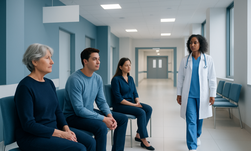 Medical consultation with patients in a hospital corridor.