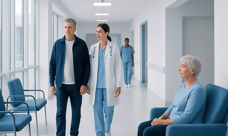 Doctor consulting with a patient in a hospital corridor.