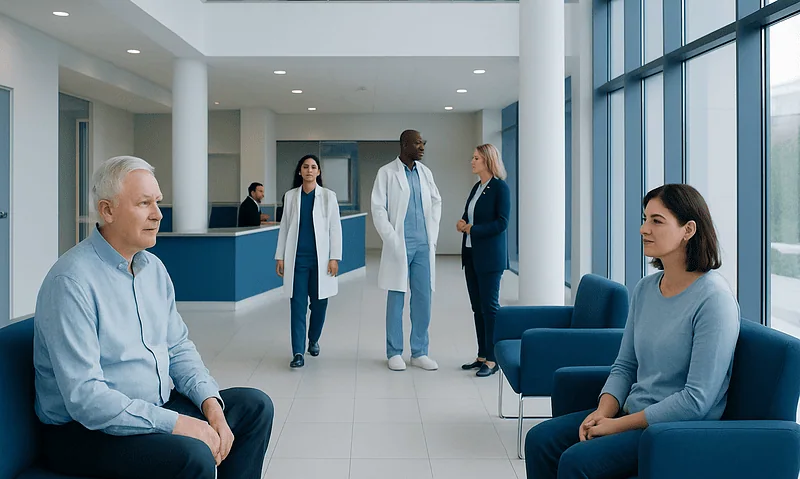 Patients waiting in a modern hospital lobby with medical staff nearby.
