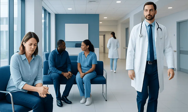 Medical consultation in a hospital waiting area with doctor and patients.