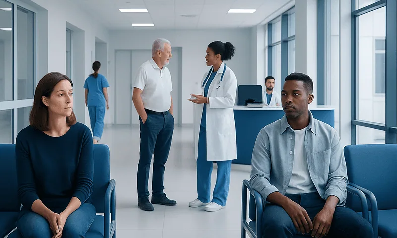 Patients waiting in a hospital corridor with medical staff consulting in the background.
