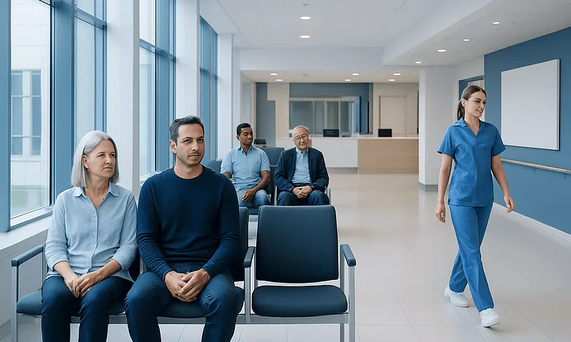 Patients waiting in a modern hospital waiting area with medical staff nearby.