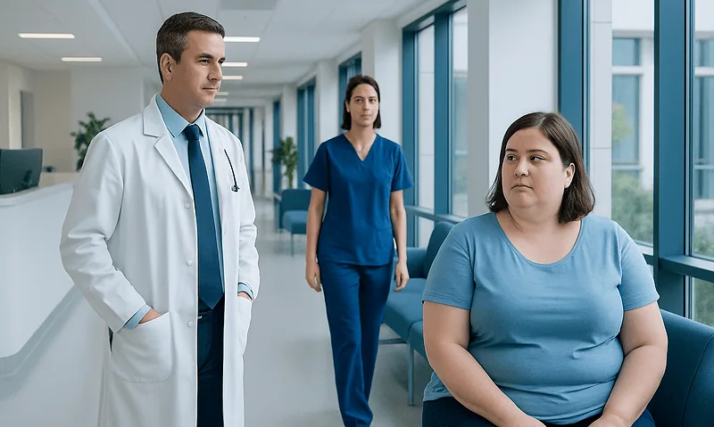 Doctor consulting with a patient in a hospital corridor.