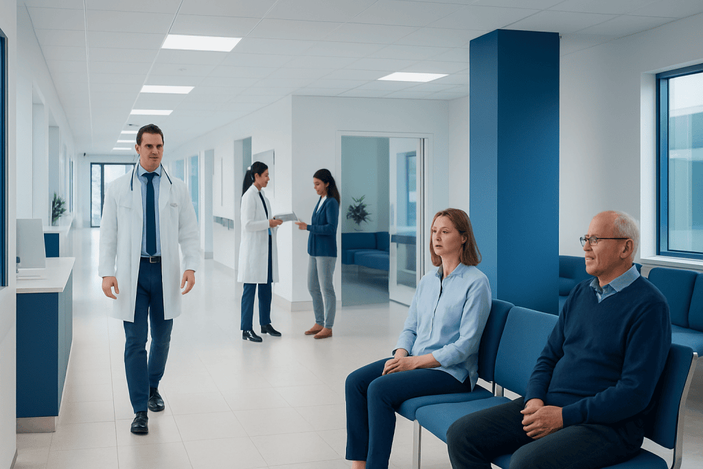 Hashimoto’s Thyroiditis: Fatigue, Thyroid Antibodies, and Monitoring Over Time 1 Doctors and patients in a modern hospital corridor.