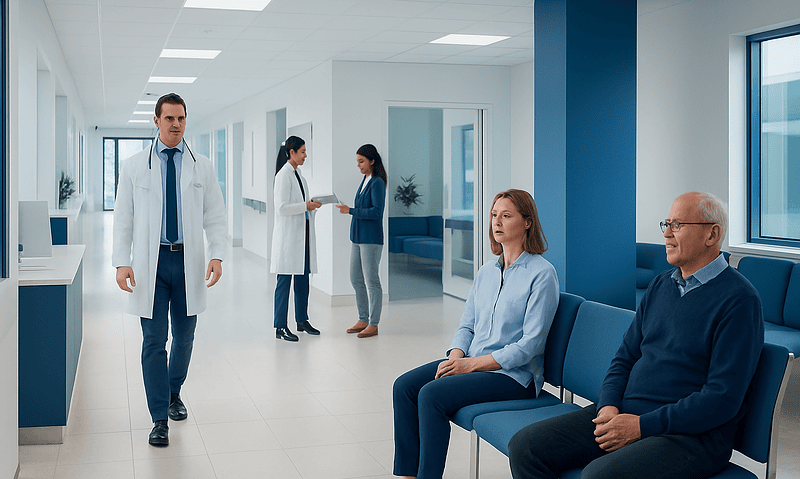 Doctors and patients in a modern hospital corridor.